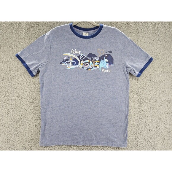 Walt Disney World Shirt Mens Large 50th Anniversary Park Icons Grey Blue Ringer - Picture 1 of 7